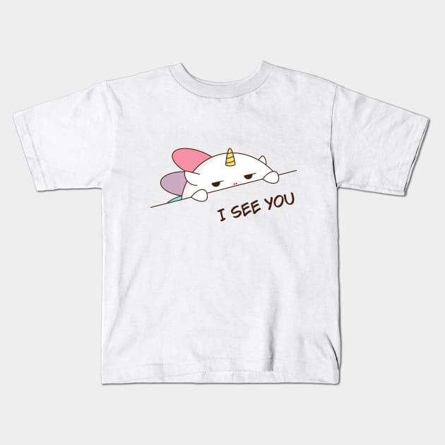 Looking unicorn Kids T-Shirt by Saya Raven